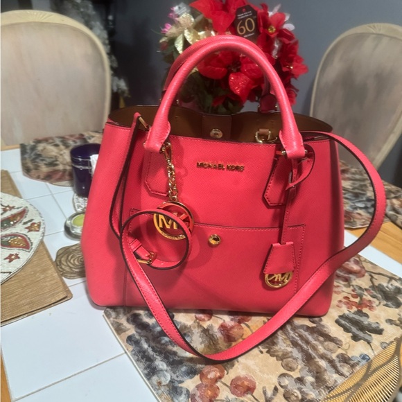 Michael Kors Handbags - Michael Kors Coral-Pink Saffiano Satchel with MK Charm